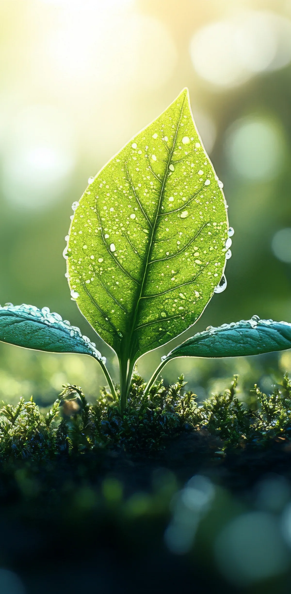 A dew-covered green leaf seedling growing from rich soil