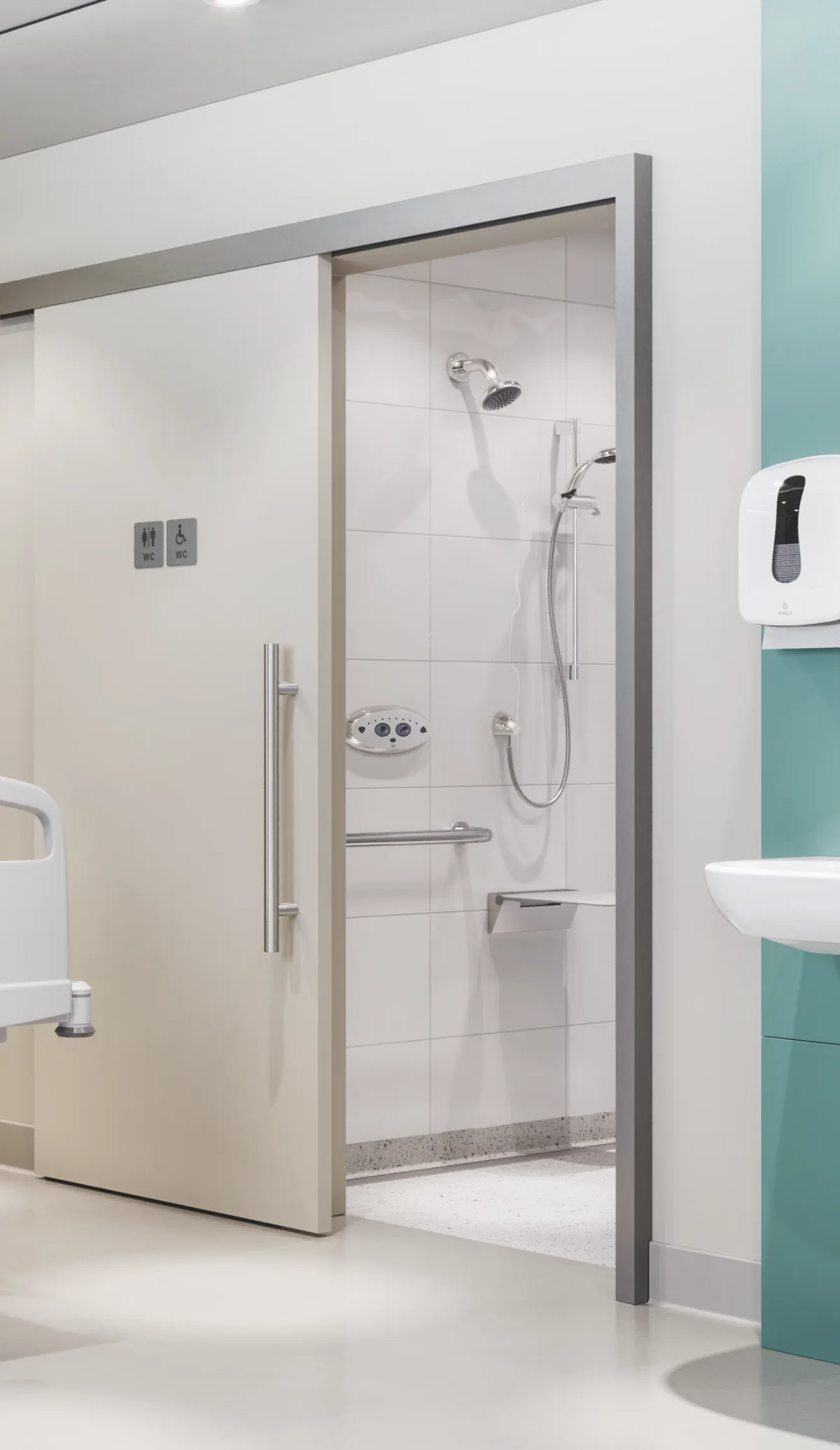 An accessible care shower room fitted with Rada controls