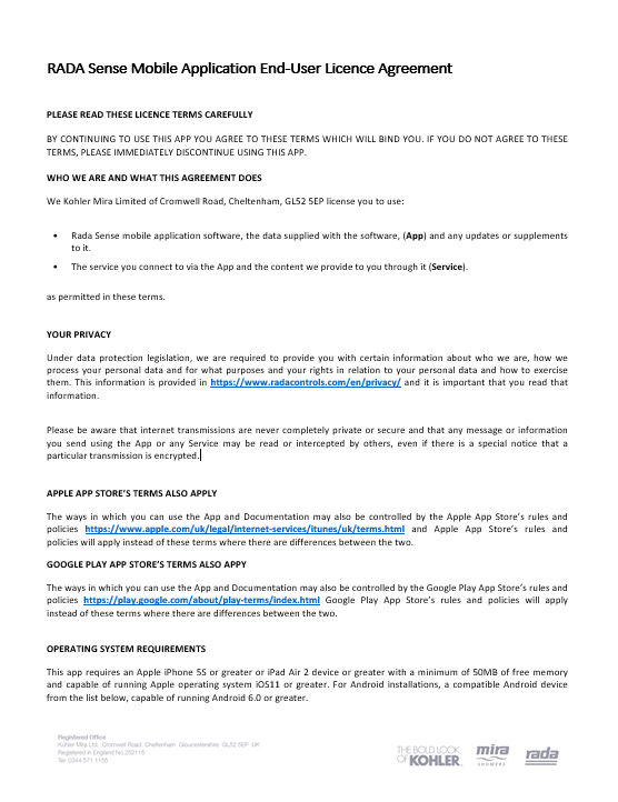 RADA Sense Mobile Application End-User Licence Agreement