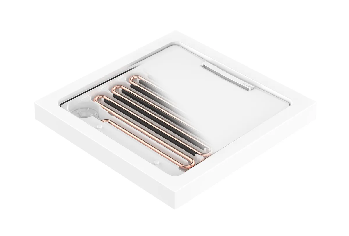 Wastewater heat-recovery shower tray with copper heat-exchange coils