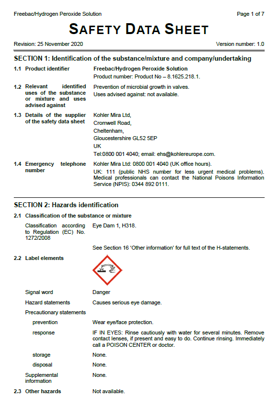 Freebac / Hydrogen Peroxide Safety data sheet